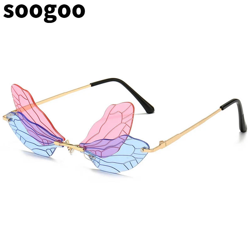 Steampunk Dragonfly Rimless Sunglasses Women 2021 Fashion Luxury Brand Designer Gradient Clear Lens Sun Glasses For Men | Аксессуары для