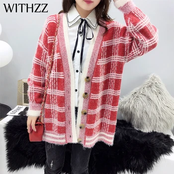

WITHZZ Plaid Mohair Cardigan Sweater Women's Long Autumn Winter Loose Knitted Coat Sweater