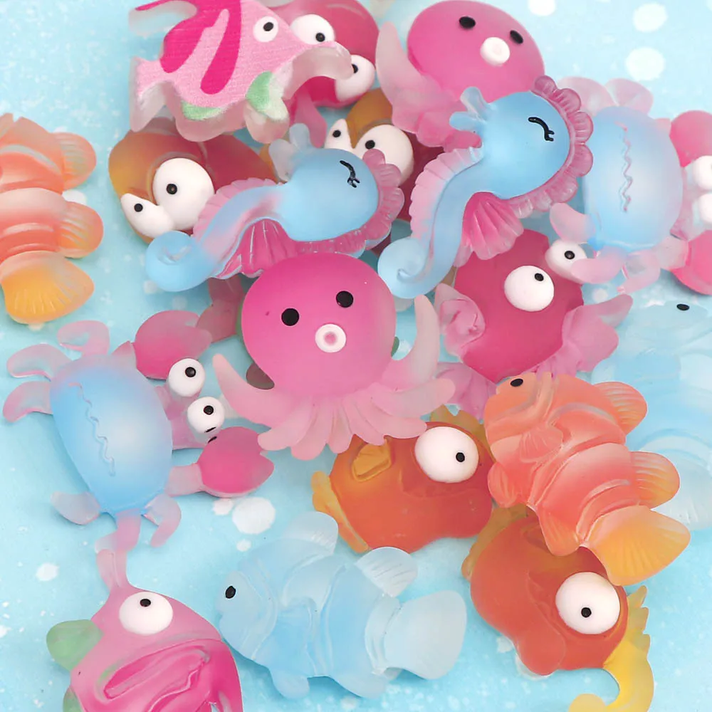 

20Pcs Mix Styles Cute Fish Crab Seahorse Squid Flat Back Resin Cabochon Animal Resin Flatback Cabochone For DIY Home Hair Decoration