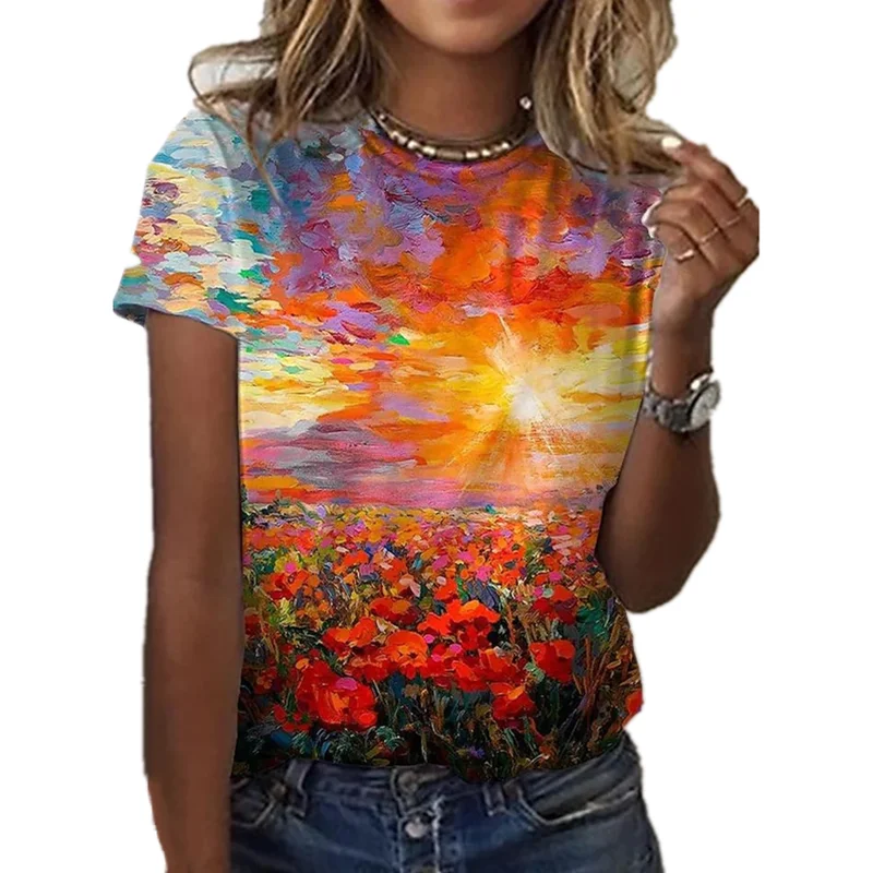 2021 New Women's Rose Flower Pattern Printing Top Fashion Summer Short-sleeved Fashion Casual Plus Size 3D Rose Printing T-shirt