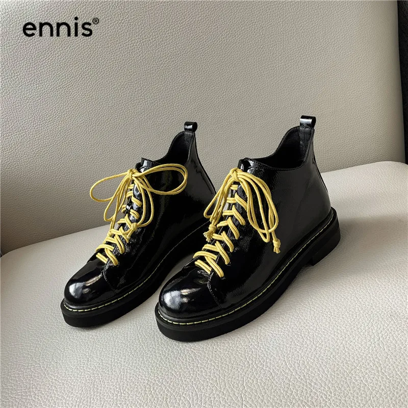 ENNIS/ г.; дизайнерские ботинки на платформе; обувь martin; женские ботильоны из лакированной кожи; осенние ботинки из натуральной кожи черного цвета на шнуровке; обувь на плоской подошве; A9194