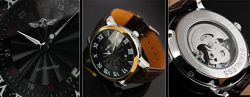 WINNER Top Brand Gold Sport Wristwatches Rome Number Fashion Men Self wind Automatic Mechanical Calendar Leather Watch Clock