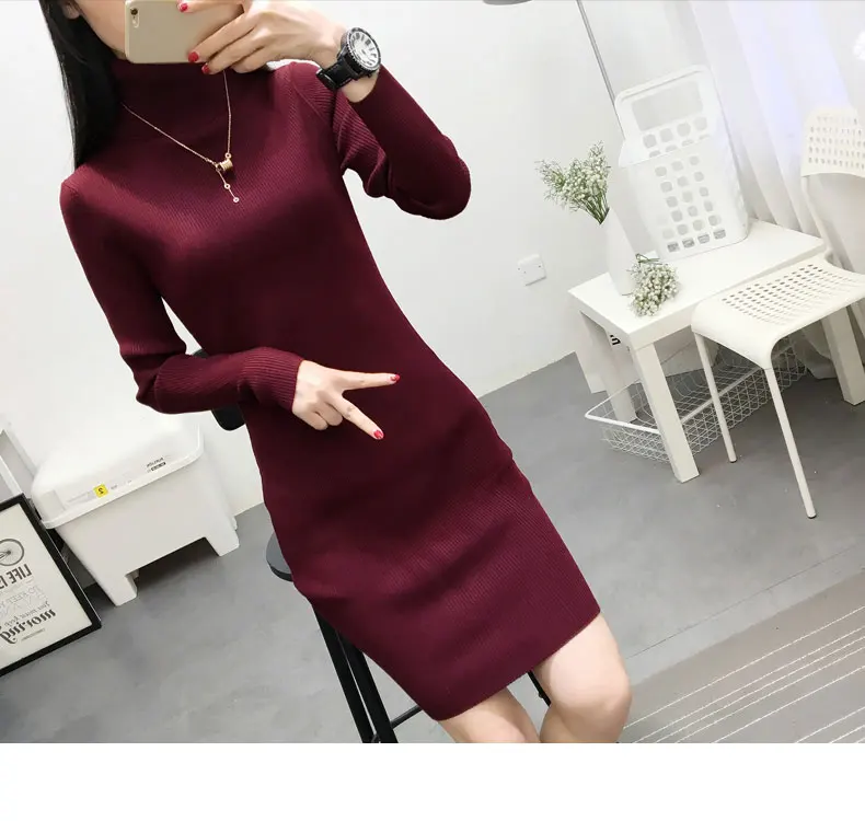 Bonjean Women Casual Polka Long Party Winter Dresses Sexy Long Sleeve O Neck Sweater Dress Knitted Boho Women Dress Vestidos