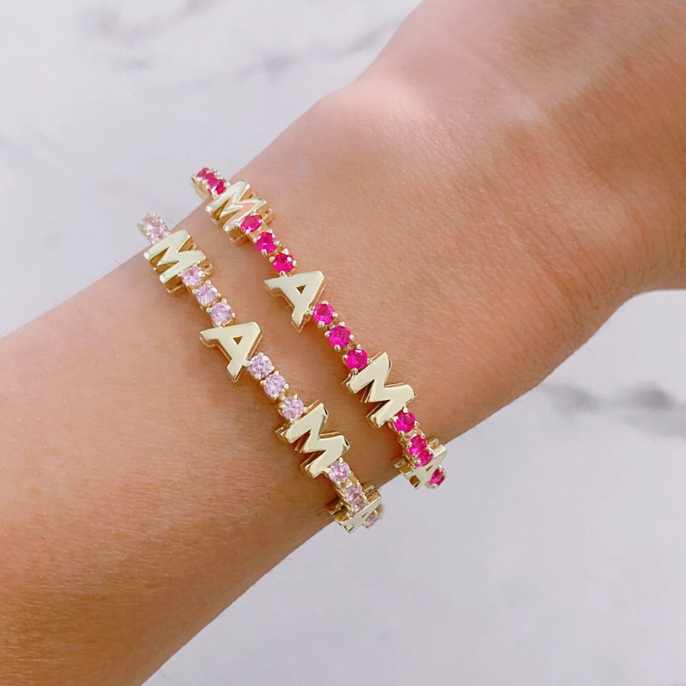 Personalized Custom Name Tennis Chain Bangle Colorful Cubic Zirconia Letter Bracelet For Women Love Gift