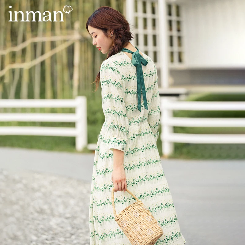 

INMAN 2020 Literary Flower Lace Round Collar Back With Tie Fitting Style Mid Length Sleeve Women Knee-Length Dress