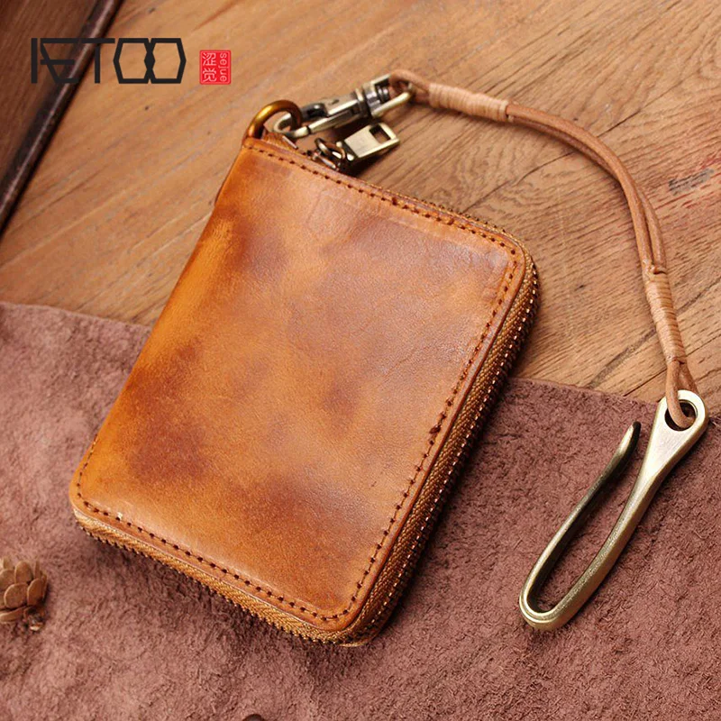 

AETOO Men's leather handmade wallet, head leather retro personality zero wallet, zipper short leather wallet
