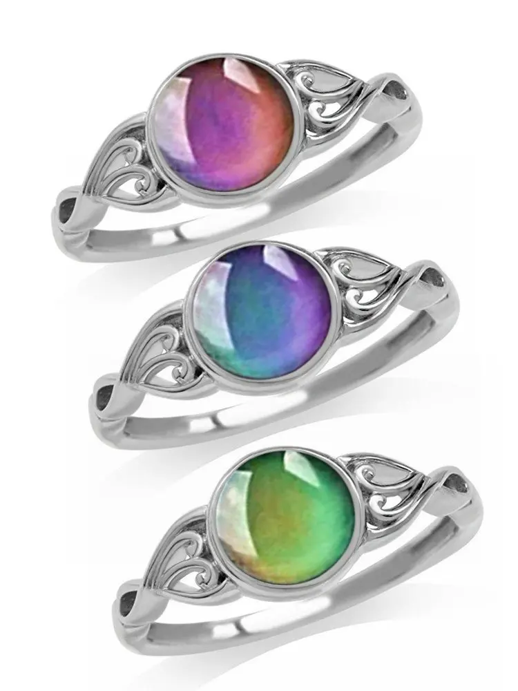 N-A Temperature-Control Changeable Ring Mood Change Color Rings Retro Flower Round Stone Engagement Ring for Women