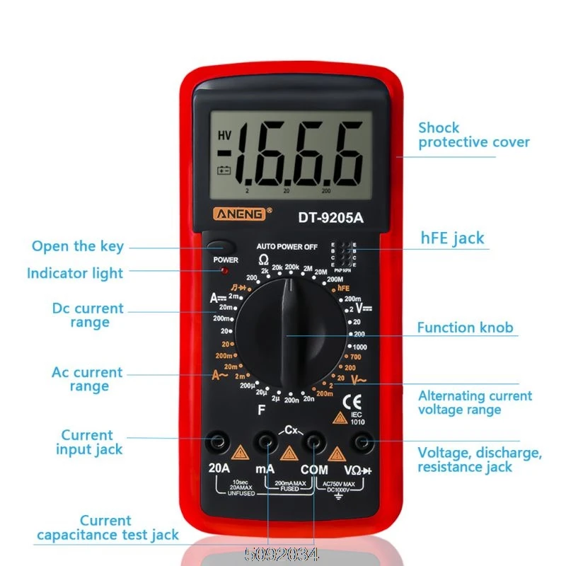 DT9205A Цифровой мультиметр hFE AC DC триодное сопротивление диода Amp электрический тестер