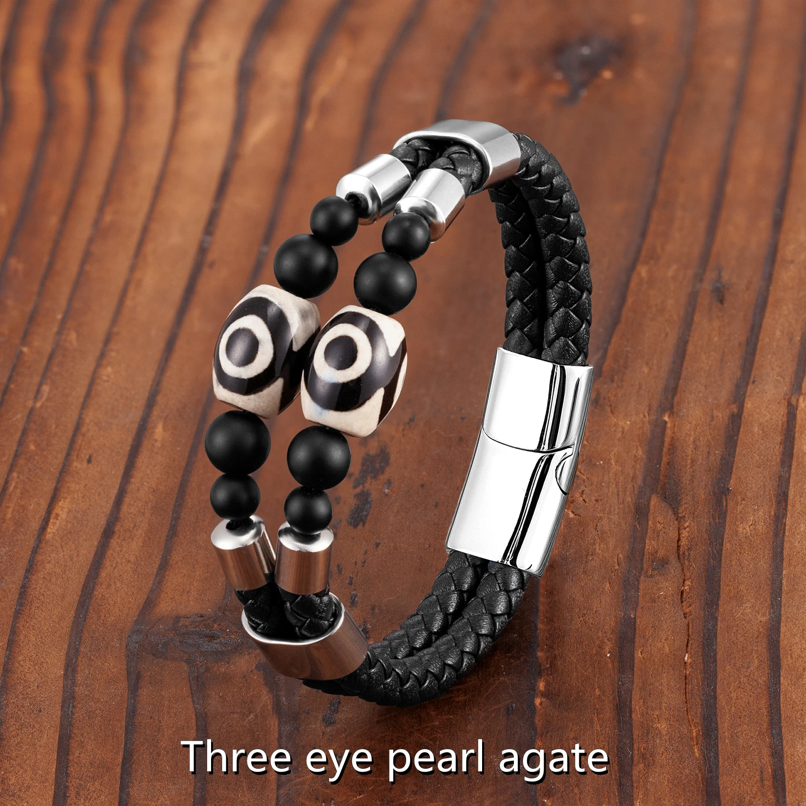 

2021 New Natural Agate 3 Eyes Dzi Double Row Vintage Jewelry Men's Bracelet 316L Stainless Steel Leather Rope Charm Bracelet