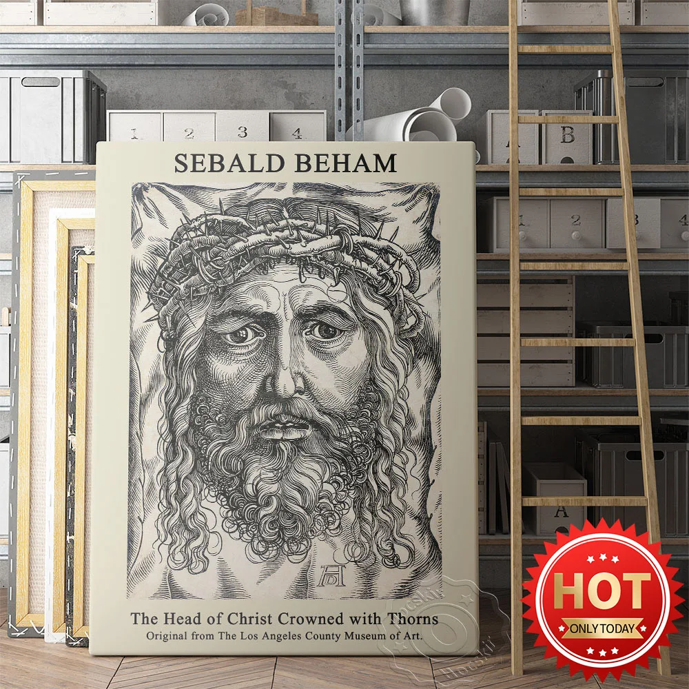 

Sebald Beham Exhibition Poster, The Head Of Christ Crowned With Thorns Art Prints, Retro Black White Figure Sketch Wall Picture