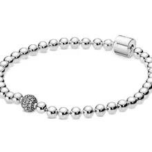 Подлинный 925 пробы серебряный браслет Гладкие бусины и паве хрустальный шар браслет и браслет подходит для бисера Шарм Diy ювелирные изделия