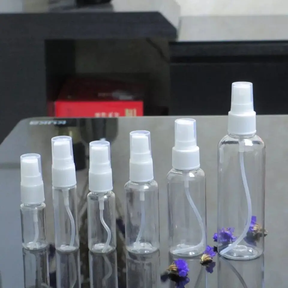 100개 10-100ml 스프레이 병 화장품 디스펜서 여행 키트 플라스틱 투명 미용 용기 세트 손 소독제 미니 미스트 스프레이