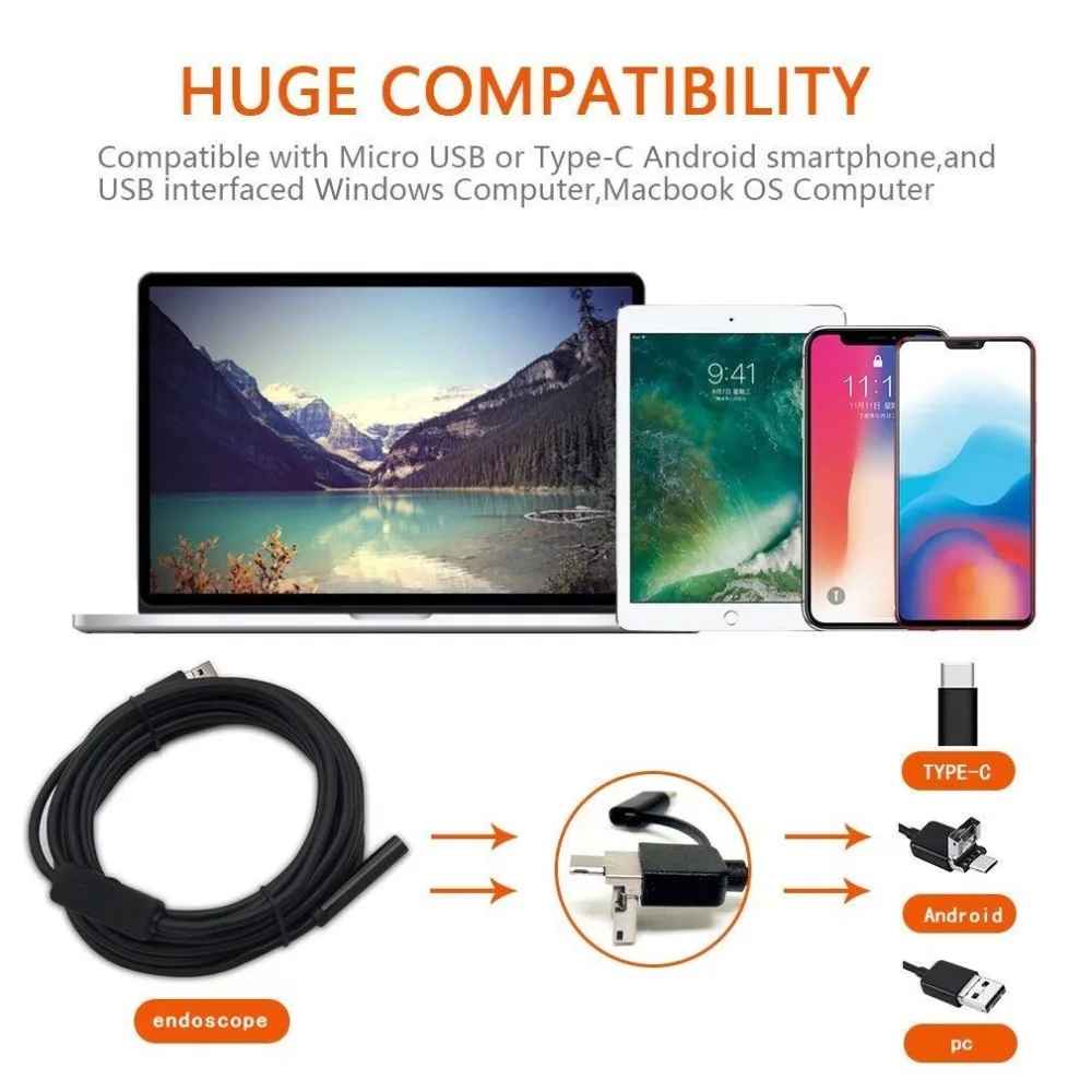 3 в 1 USB эндоскоп 720P бороскоп Инспекционная камера для Android тип-c ...