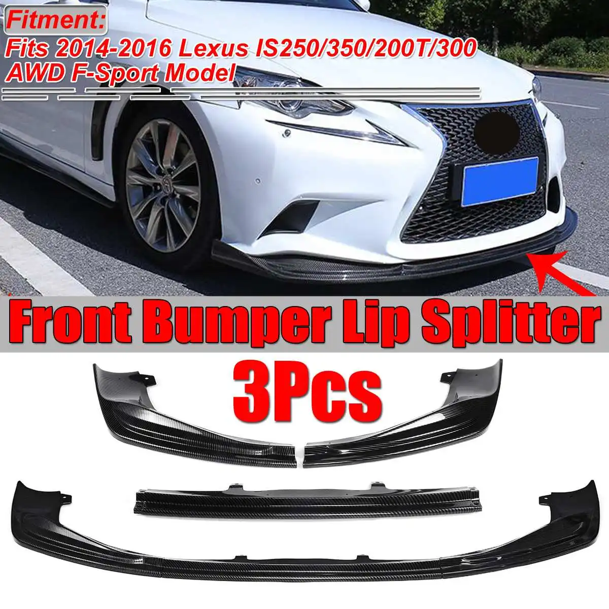 3Piece Carbon Fiber Look Car Front Bumper Splitter Lip Kit Diffuser