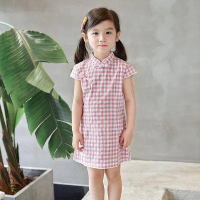 Летние хлопковые льняные Cheongsam с короткими рукавами для девочек; qipao; размеры От 2 до 10 лет