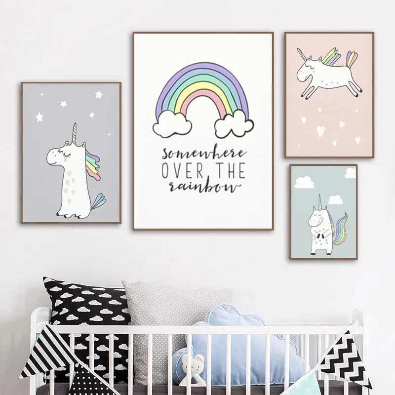 

Unicorn Wall Art Poster Rainbow Cloud Painting Prints for Kindergarten Picture for Nursery Children's Room Cute Canvas Painting