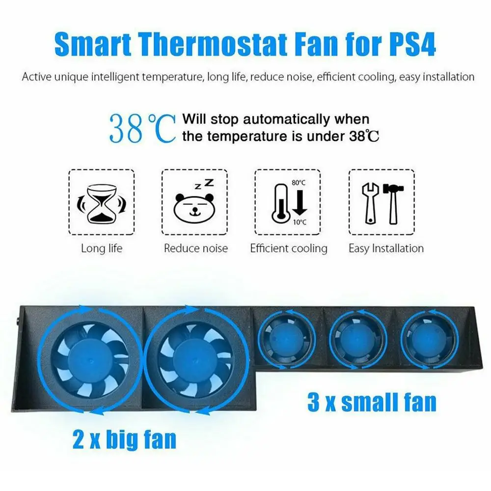 TP4-005 USB Cooling Fan Smart Turbo Temperature Control Black Cooler 5-Fan for Playstation 4 for PS4 Radiation Fan Durable