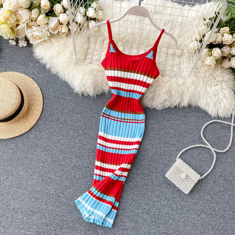 Vintage 2020 V Neck sexy striped print Slim Bodycon Knitted short Dress Summer Party Women spaghetti strap dress Club dresses
