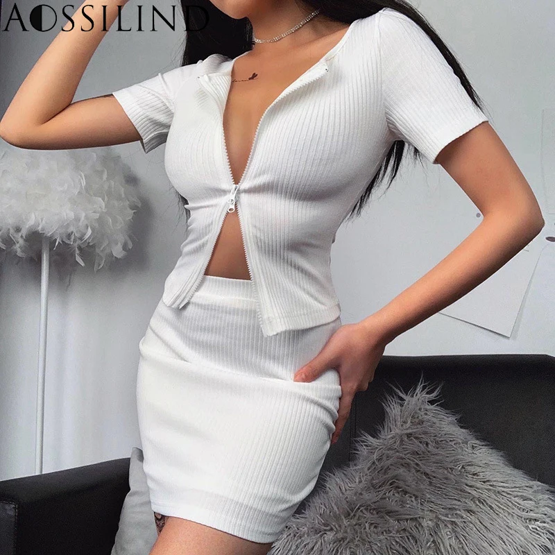 

AOSSILIND Sexy Ribbed Zipper Short Sleeve Cardigan 2020 Spring Summer Women Sexy Slim T shirt Female Party Club Tops Streetwear