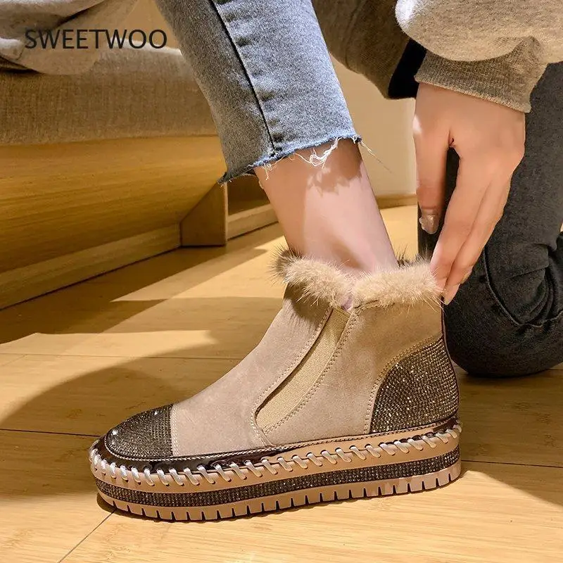 Women Real Mink Fur Warm Shoes Crystal Hand Stitching Luxury Footwear  Winter Slip-on Platform Flats