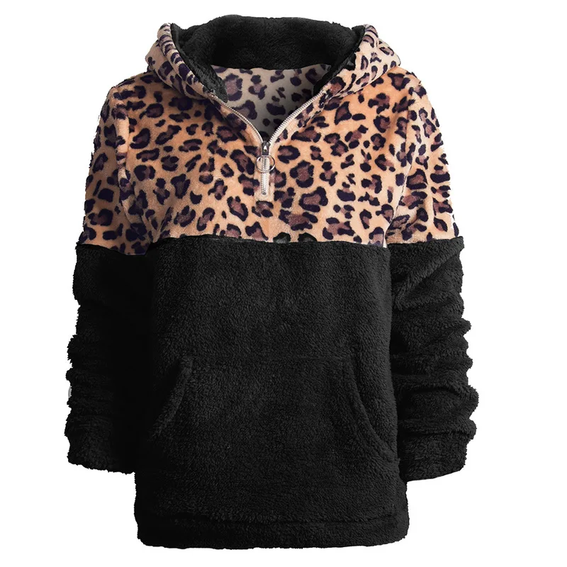 

2019 Autumn Winter Casual Women Hoodies Fashion Zipper Patchwork Leopard Pullover Long Sleeve Thick Warm Lady Hooded Sweatshirt