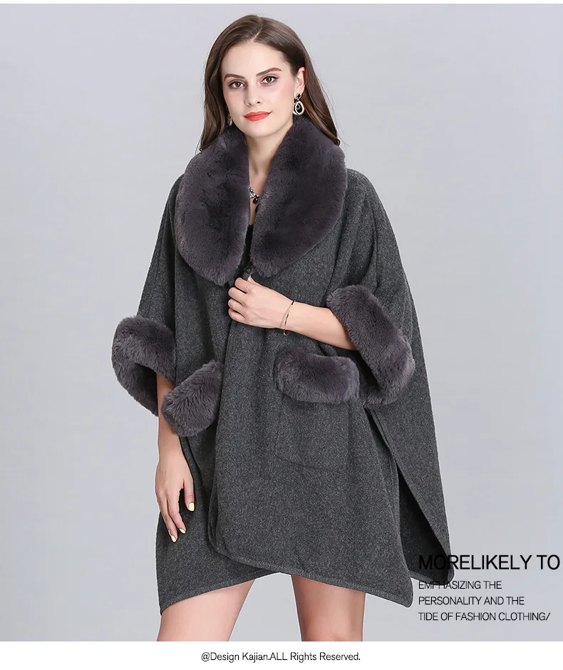 Женский свободный шерстяной кардиган большого размера с воротником из искусственного лисьего меха и нагрудным карманом, женское пончо, шерстяная шаль, накидка, пальто