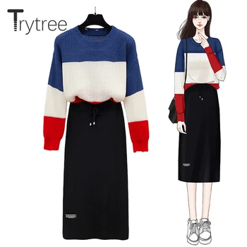 

Trytree Autumn Winter two piece set Casual Spliced Loose Knitwear Sweater + Skirt Drawstring Fashion Office Lady Set 2 Piece Se