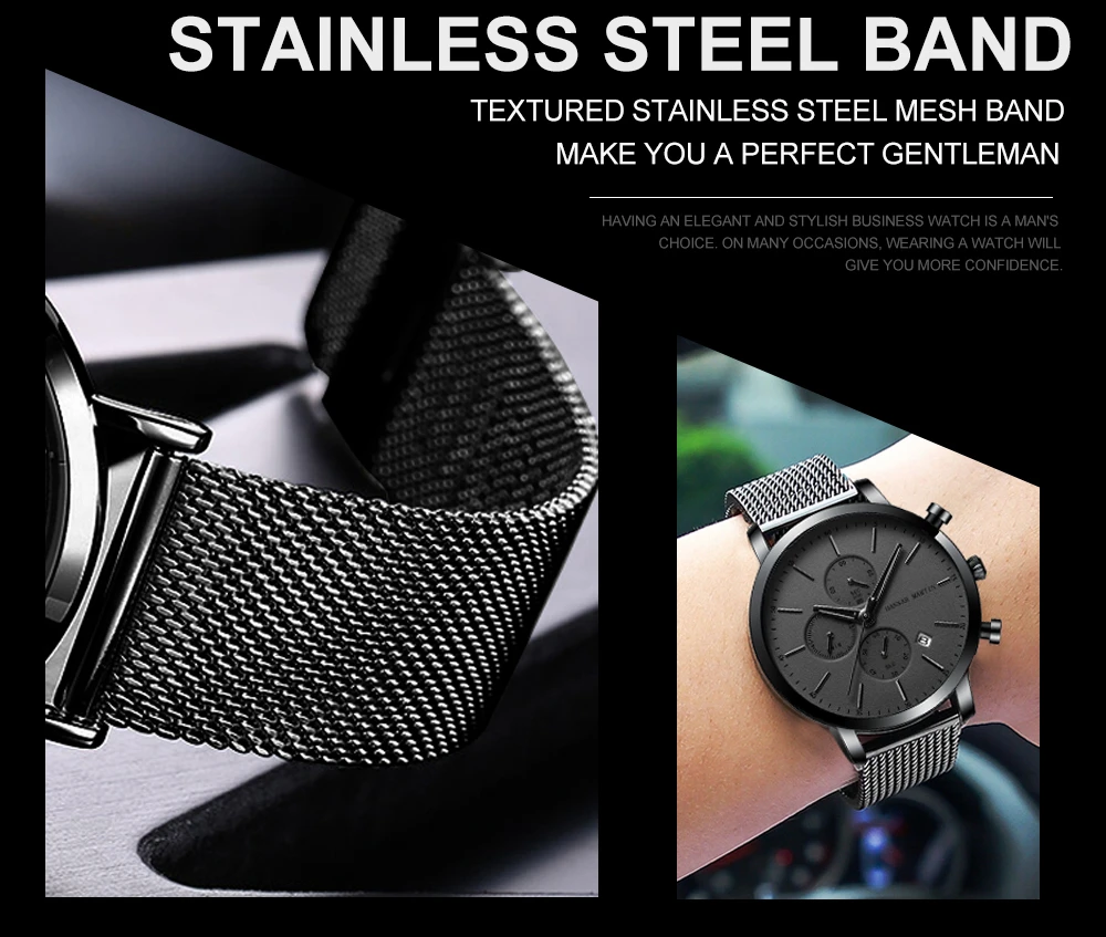 Dial Calendar Watch Men multifunction Stainless Steel Mesh strap business casual Waterproof Wrist watches Relogio Masculino