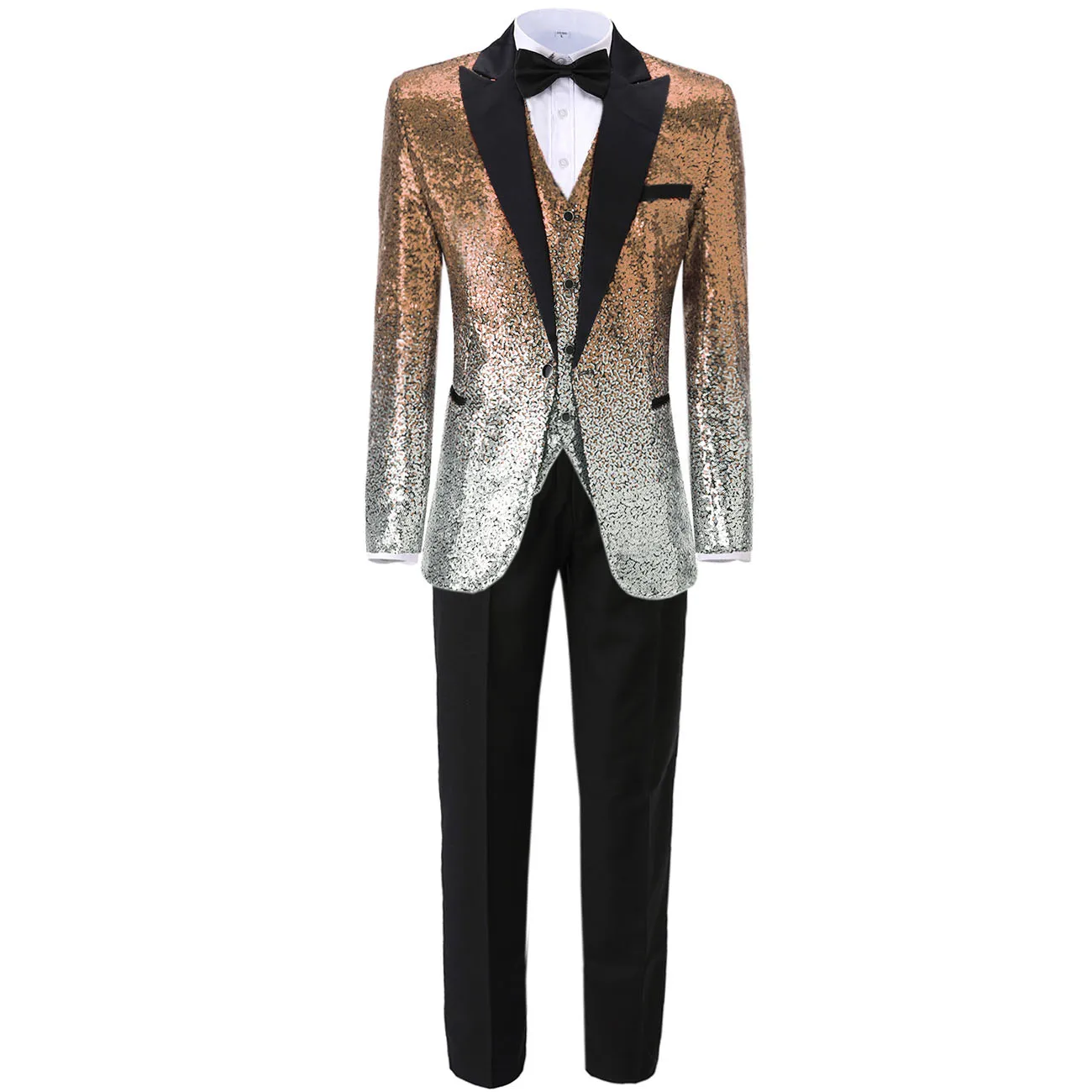 Приталенный градиентный мужской костюм с блестками, 3 предмета, деловой жилет с отворотом, повседневные смокинги для женихов, мужские вечерние костюмы(Блейзер+ жилет+ брюки - Цвет: Gold-Silver