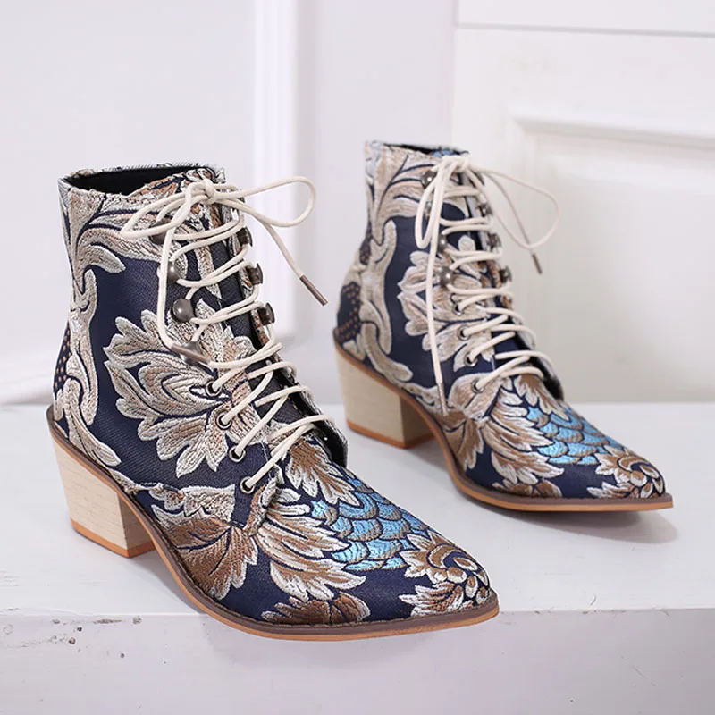

Stylish Retro Women Ethnic Chelsea Boots Embroider Winter Exotic Ankle Boot Lace Up Pointed High Heel Shoes Cowboy Botas Mujer