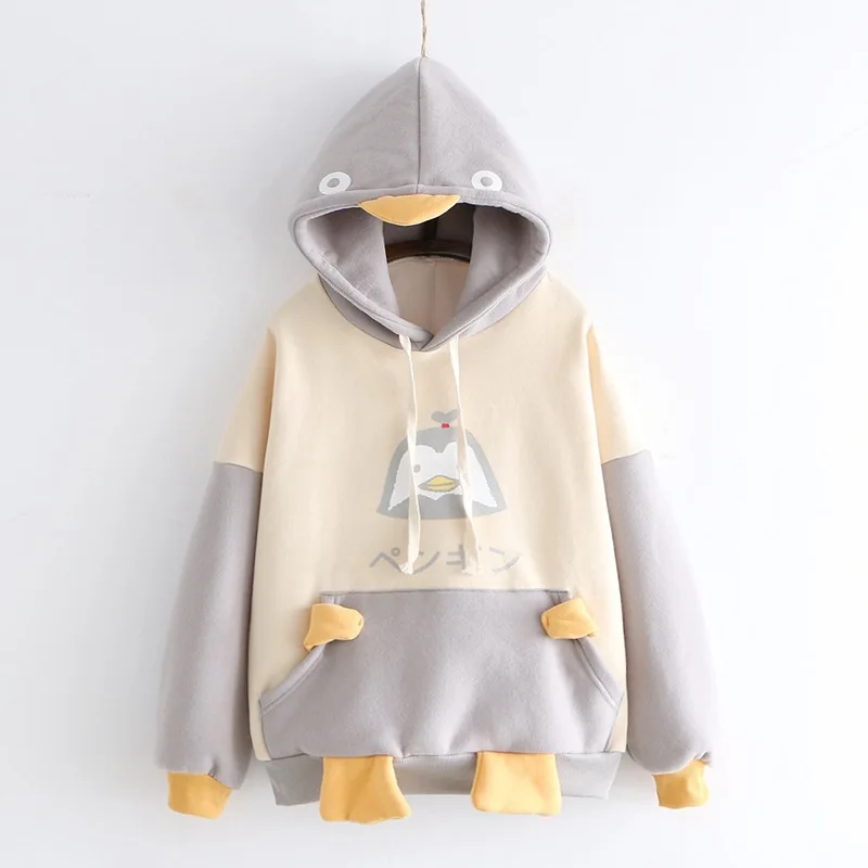 Серый MERRY PRETTY женский мультфильм печати Harajuku толстовки с капюшоном сладкий стиль толстовки зима плюс бархат пуловеры с карманом - Цвет: Серый