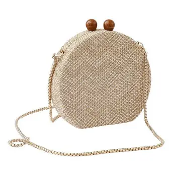 

Round Weave Handbag Beige Metal Chain Banquet Clutch Crossbody Bags