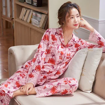 

Modal Pajamas Women's Spring and Autumn Cotton Long-Sleeved Leisure Tops Pink Fashion Style Loose Suit Pigiama Estivo Donna