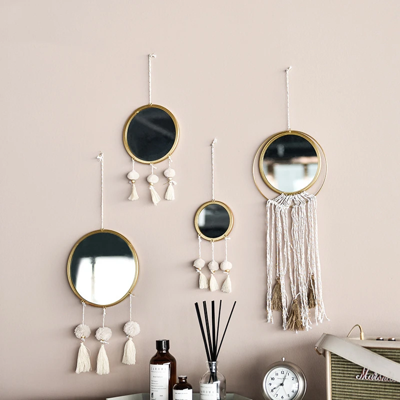 

Fashion Golden Decorative Mirror Creative Simple Tassel Wall Hanging Bedroom Makeup Mirror Living Room Multifunction Decorations