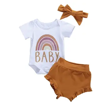 

0-18M Newborn Infant Baby Girls Boys Clothes Sets 3pcs Rainbow Print Short Sleeve Romper+Shorts Headband
