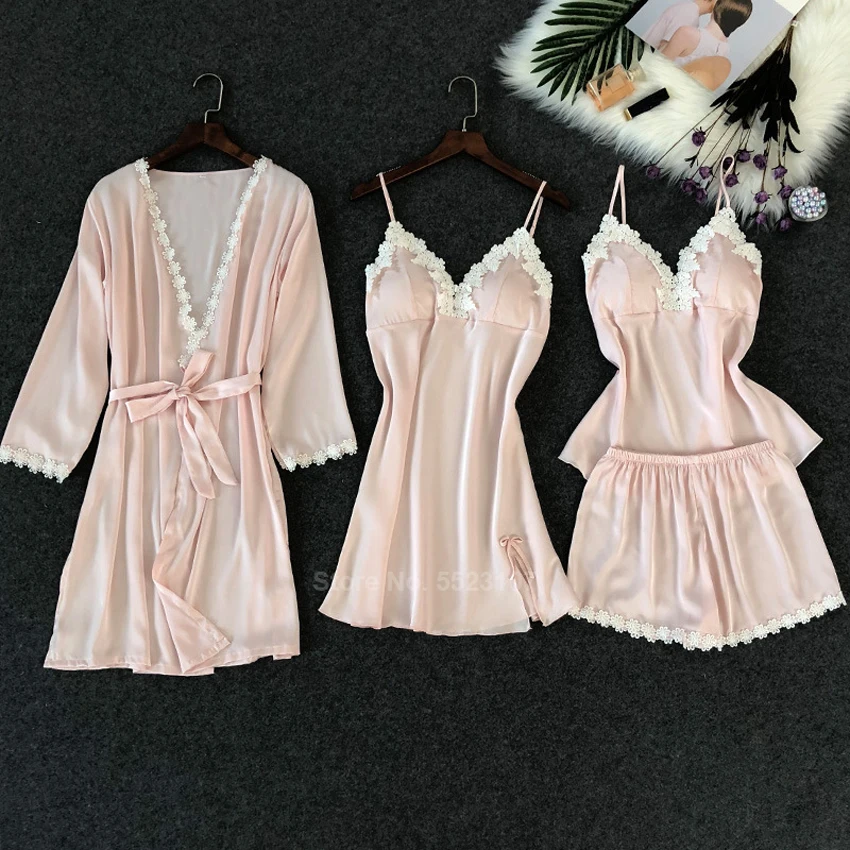 4PCs 2 Женский пижамный комплект из искусственного шелка, женские элегантные сексуальные топы на тонких бретельках, женское нижнее белье, кардиган для женщин, домашняя одежда, одежда для сна - Цвет: 4PCs 2