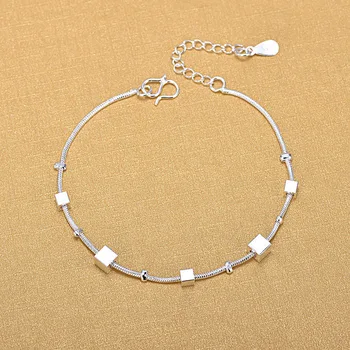 

925 Sterling Silver Exquisite Accessories Hand-Drawn Brushed Love Cube Bracelet Ladies Fashion Wild Anklet Jewelry