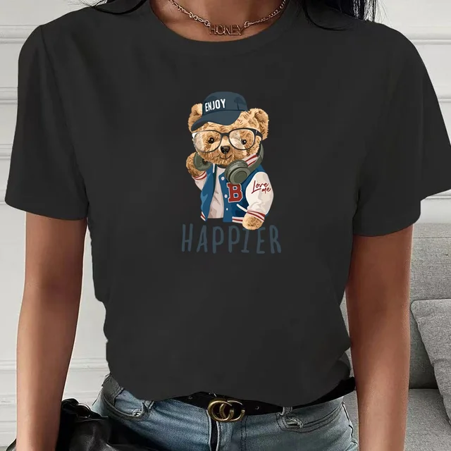 Fashion Bear Print Women T-Shirt Harajuku Round Neck Casual Loose Short Sleeve Summer Slim Soft Tops Clothing Hip Hop Streetwear 2bear011