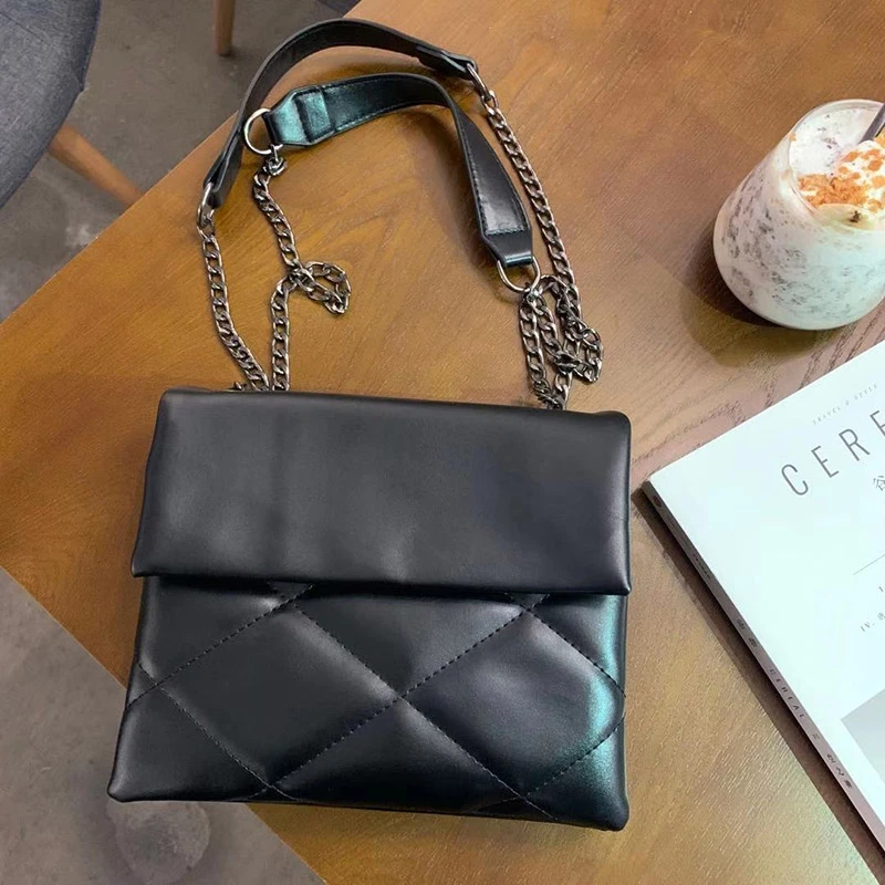 Black Quilted Leather-Look Chain Strap Cross Body Bag