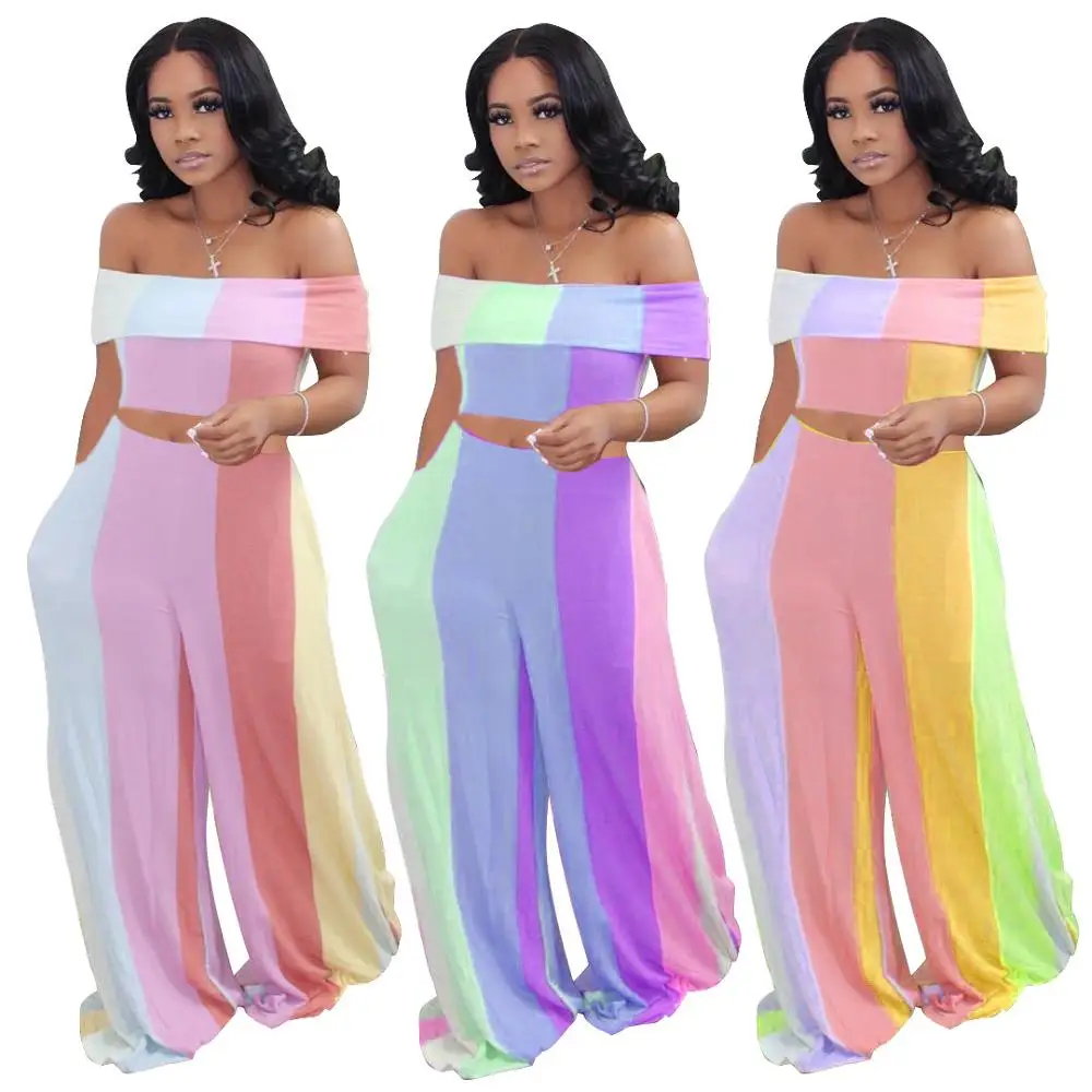 

Women Two Piece Outfits Set Sexy Off The Shoulder Color Striped Short Tops Loose Wide Leg Pants With Pockets S-XXL 3XL 4XL