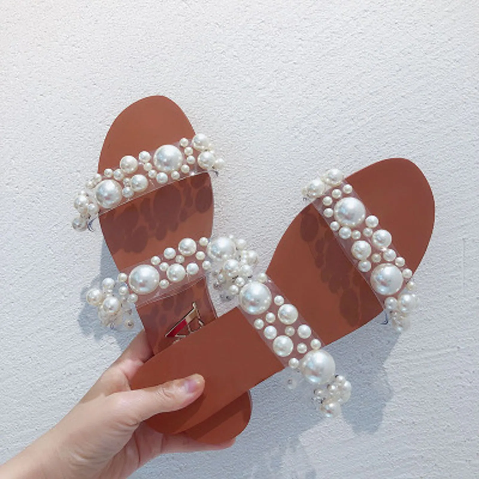 Zapatillas de perlas bohemias para mujer, sandalias de fondo plano con punta abierta, chanclas de cristal, zapatos de verano, 2021