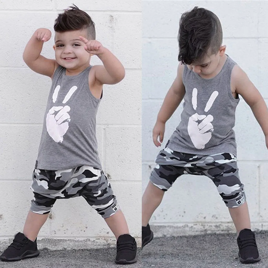 

Baby Boy Clothes Tops Victory T Shirt Vest Camouflage Shorts Outfits Summer two picese Set Toddler Kids Clothing  