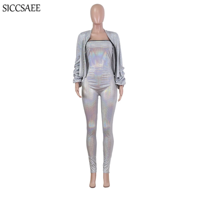 Silver Gold Foil Printing Two Piece Set Strapless Bodycon Bandage Jumpsuit Pants Sparkly Puff Sleeve Cardigan Glitter Outfits