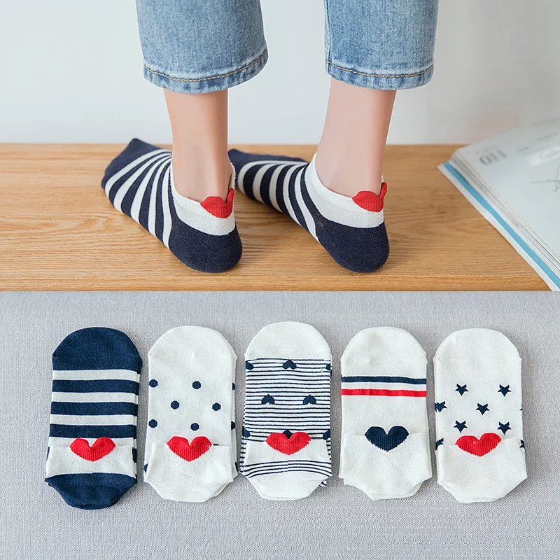 

1Pair Women Cotton Socks Stripe White Cute Red Heart Ankle Socks Female Ankle Sock Casual Funny Heart Girls Socks Harajuku Sox