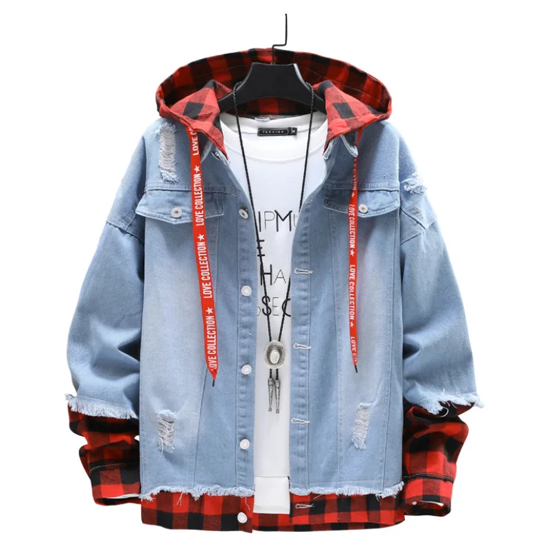 

ZOGAA Jacket Men' 2021 Spring Autumn New Fashion Casual Men's Stitching Torn Edge Hooded Slim Men's Single-Breasted Denim Jacket