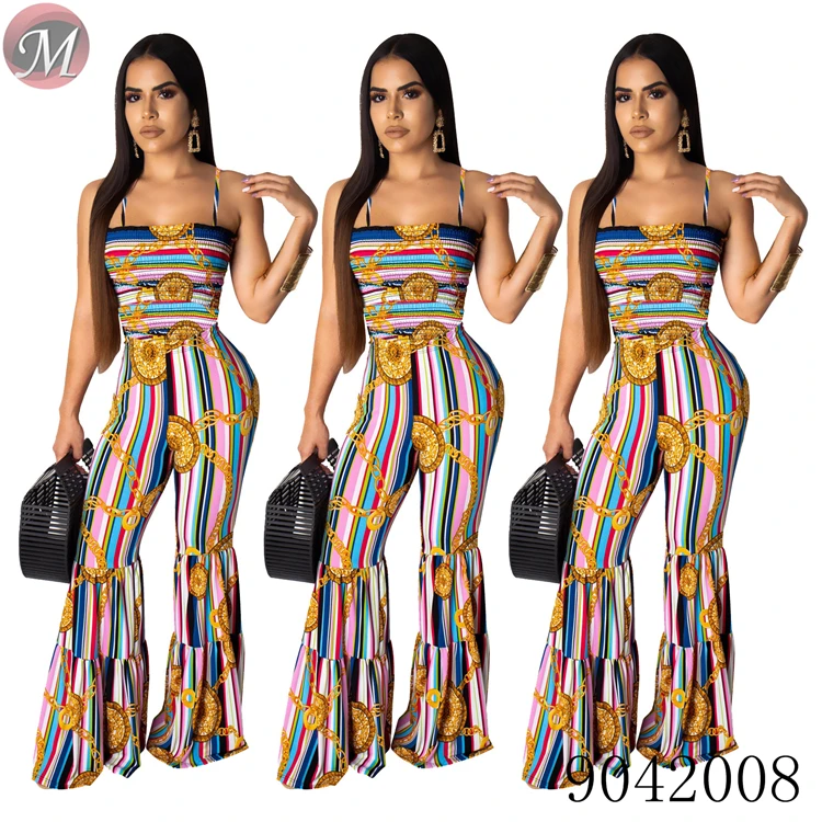 9042008 Sexy suspender smocking stitch flared women long jumpsuit