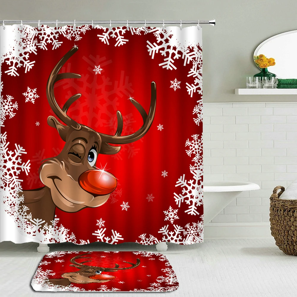 

Christmas Shower Curtain Set Snowflake Santa Claus Red Reindeer Shower Curtain With Hooks New Year Xmas Bathroom Floor Mat Decor