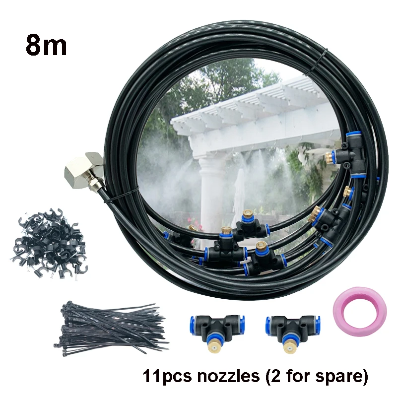 

Garden Mist Fog water sprayer nozzle Misting System for Outdoor Cooling with 11 pcs brass nozzles 8 Meters Black
