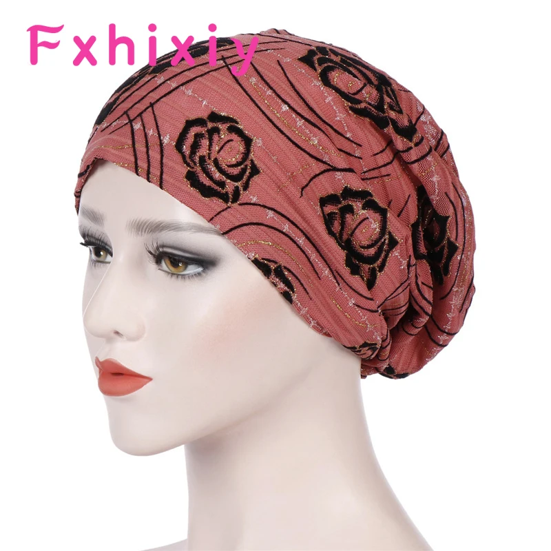 

Spring Summer Beanies For Women 2021 Breathable Rose Flower Print India Muslim Stretch Turban Hat Caps Lace Hair Loss Head Scarf