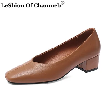 

Genuine Leather Shoes Women Block Heels Office Career Work Shoes Woman Small Size 33 Pumps Ladies Shallow Heels Zapatillas Mujer